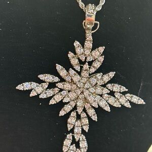 ESTATE SILVER PLATED DIAMANTE CROSS STAR PENDANT SIGNED NECKLACE CHAIN 24’